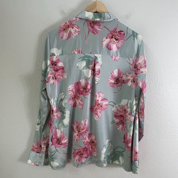 Express Portofino Shirt Womens Large Satin Floral Button Up Blouse Long Sleeve - Picture 6 of 8